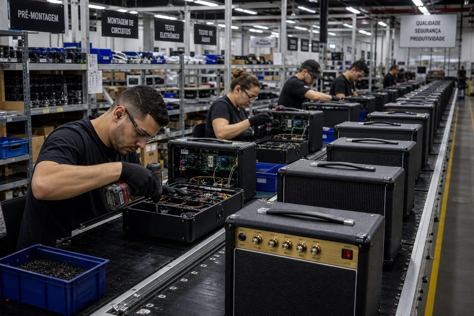 Linha de produção de amplificadores para instrumentos musicais — operários em montagem de circuitos e teste de áudio