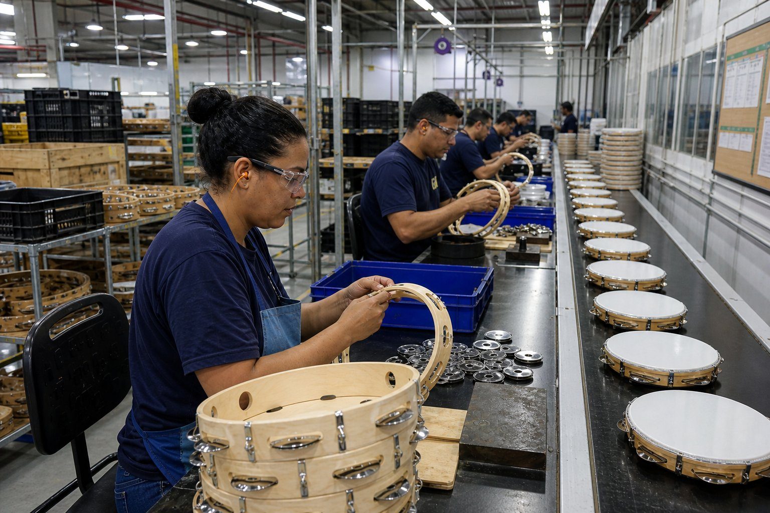 Linha de produção em fábrica brasileira de pandeiros — operários montando aros e pandeiros prontos sobre a esteira